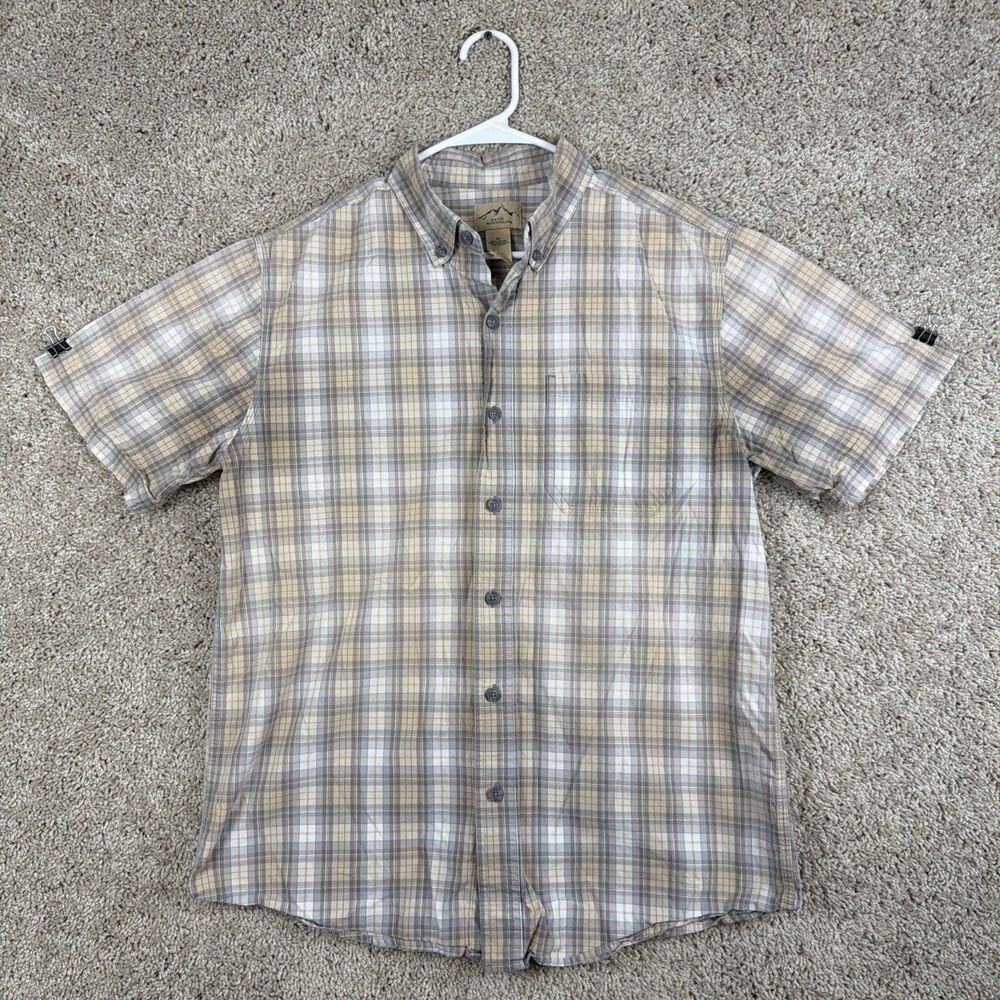 Blue Mountain Mens Beige Plaid Short Sleeve Shirt Size Med Button Up 100% Cotton